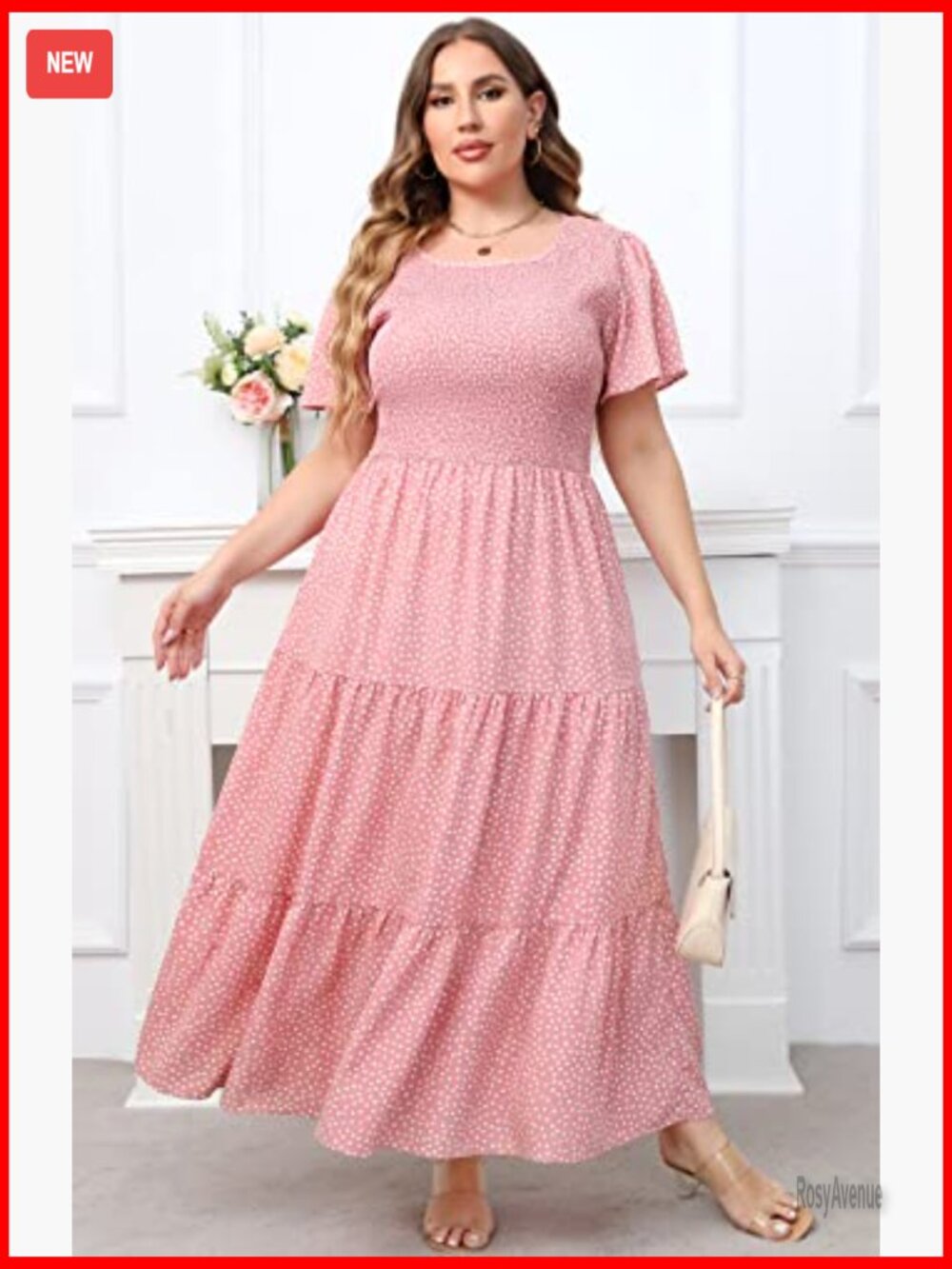 Plus Size Maxi Dress with Pockets Floral Smocked Tiered Layers Flutter Sleeves - Picture 3 of 7